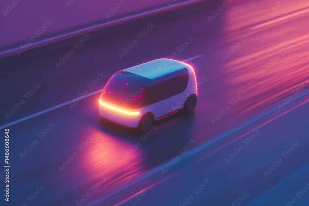 Naklejka premium Futuristic autonomous vehicle on neon-lit road at dusk