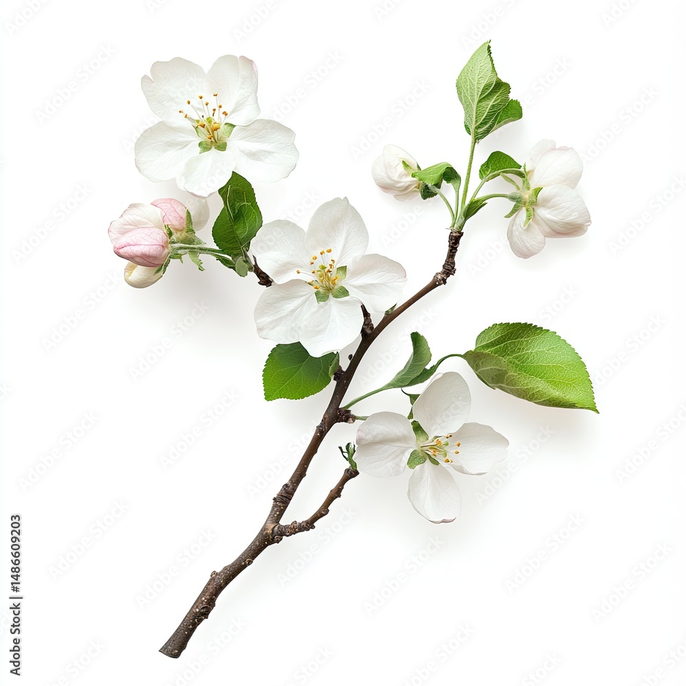 Fototapeta premium Blossoming apple branch, delicate white flowers and buds, lush green leaves on a light brown branch, isolated against pure white background