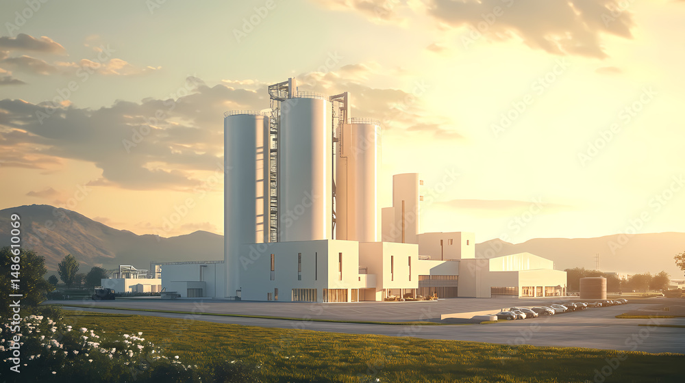 Modern Grain Silo Facility at Sunrise Modern Grain Silo Facility at Sunrise