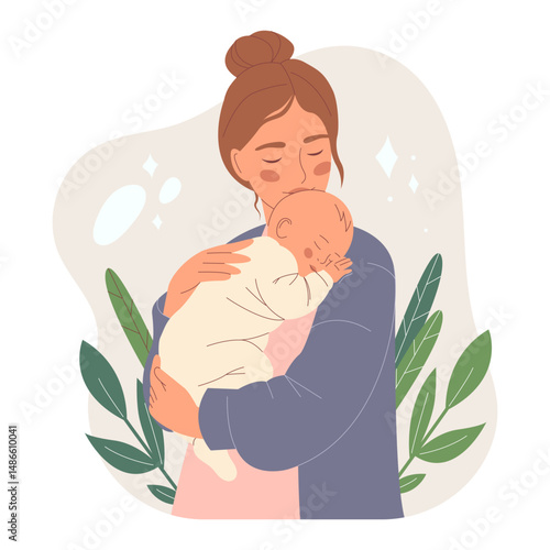Tender mother holding a sleeping baby in her arms. Loving motherhood and childcare concept. Happy Mother's Day. Warm and heartwarming vector hand drawn flat  illustration. Family and baby care.
