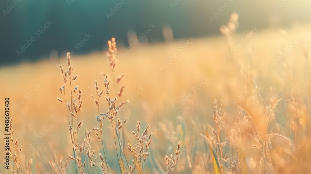 Fototapeta premium A Golden Meadow Bathed In Soft Sunlight During Sunset Creating A Peaceful Atmosphere