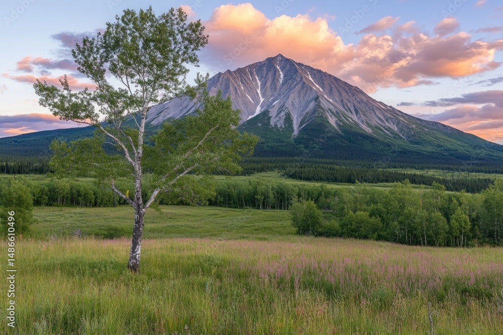 Obraz premium Majestic mountain peak at dawn, solitary tree in meadow