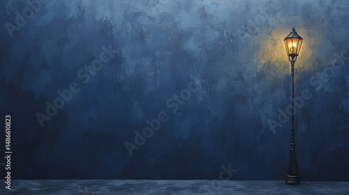 Night scene with a single lamp post against a textured wall.