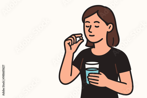 Young woman holding a pill and drinking water with a glass  