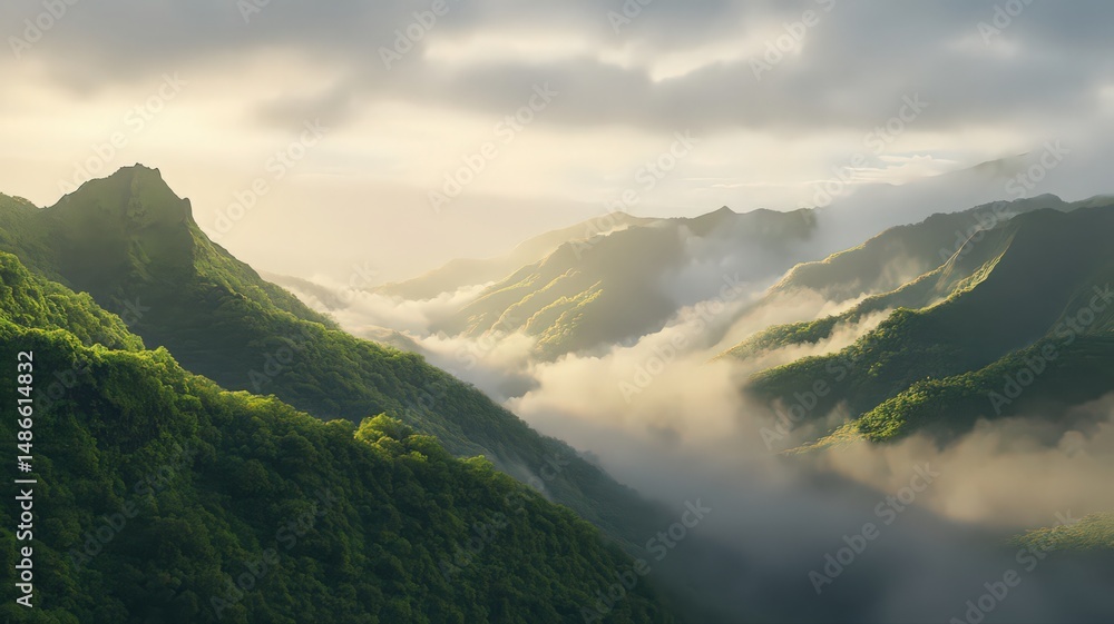 Fototapeta premium A Misty Mountain Range at Sunrise Featuring Soft Pastel Tones and Lush Green Valleys