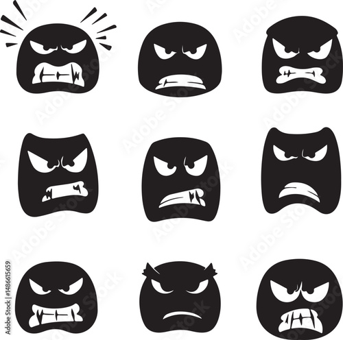 Angry Black Cartoon Face Icons Set - Vector Illustration