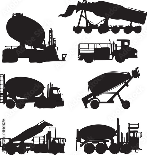 Construction Vehicles Silhouettes: Cement Mixers, Trucks, Loaders