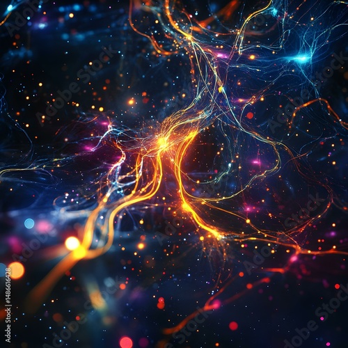 Cosmic Energy Flow: A vibrant, abstract illustration depicts the dynamic flow of energy in the cosmos, with glowing lines and particles creating an ethereal, otherworldly effect.