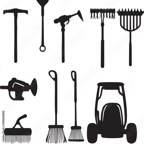 Black and White Silhouettes of Gardening Tools and Equipment