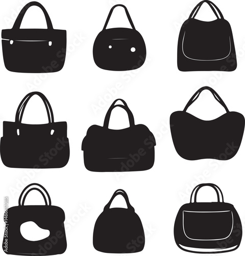 Nine Silhouettes of Stylish Handbags, Vector Illustration