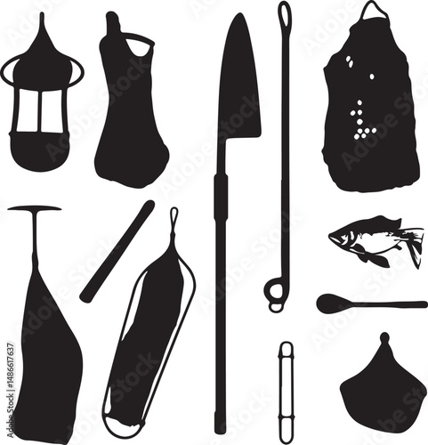 Black Silhouettes of Fishing and Diving Gear