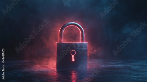 Metallic padlock neon lights security concept digital privacy technology illustration