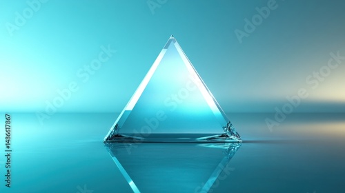 Transparent glass pyramid reflection light blue background geometric shape