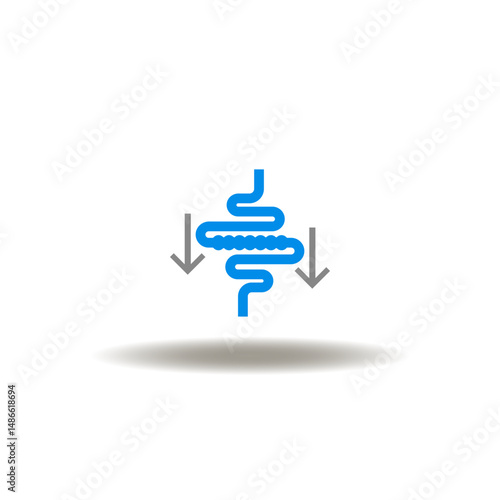 Vector illustration of intestine digestion and arrows down. Symbol of metabolism. Icon of digestive system.