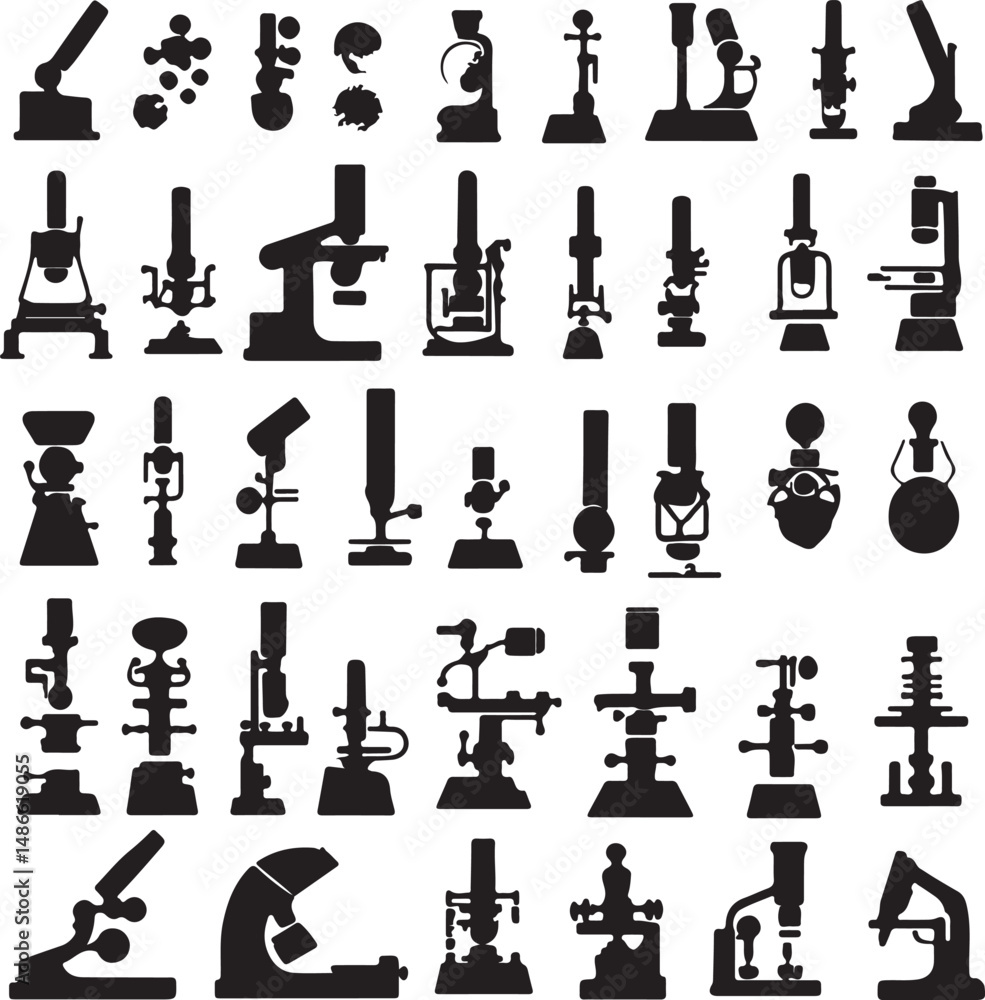 Black Silhouettes of Microscopes and Scientific Tools Black Silhouettes of Microscopes and Scientific Tools