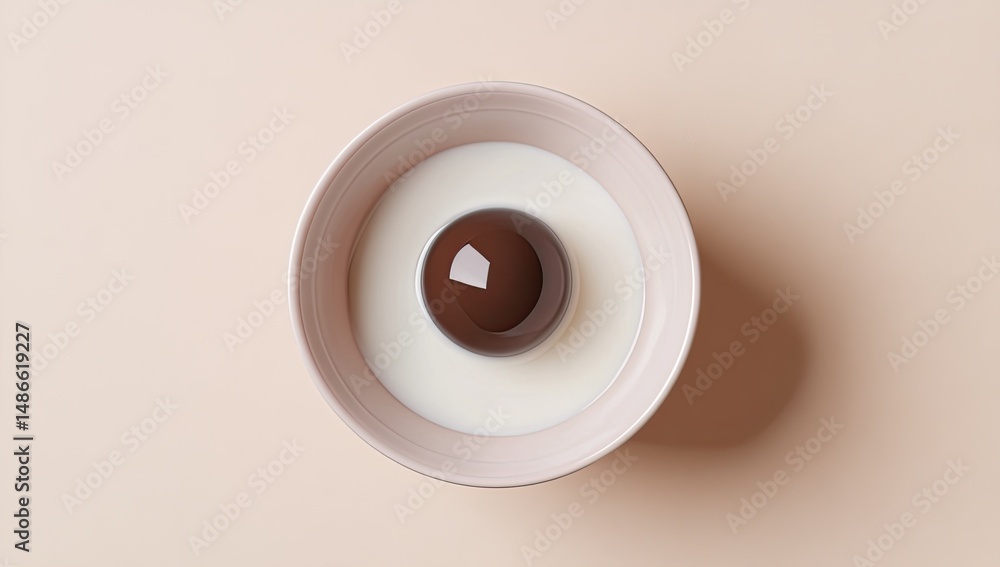 A light beige bowl filled with milk, centered with a dark chocolate sphere A light beige bowl filled with milk, centered with a dark chocolate sphere