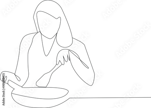 A beautiful tribute to home cooking — this continuous line art of a woman preparing food captures the love, care, and warmth that fills every kitchen, ideal for food blogs, recipe platforms, 