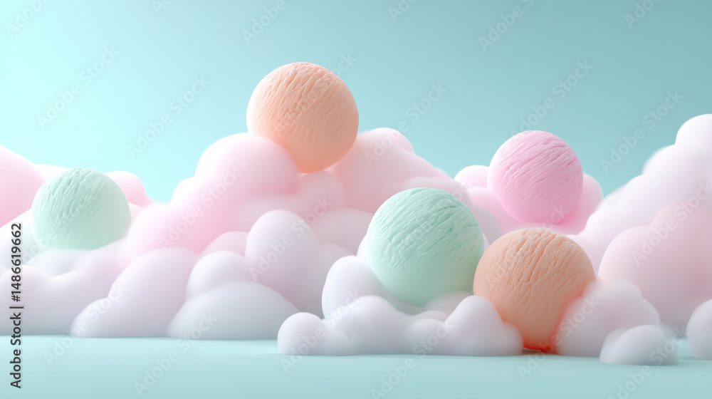 Fototapeta premium Surreal Floating Ice Cream Scoops on Dreamy Pastel Clouds