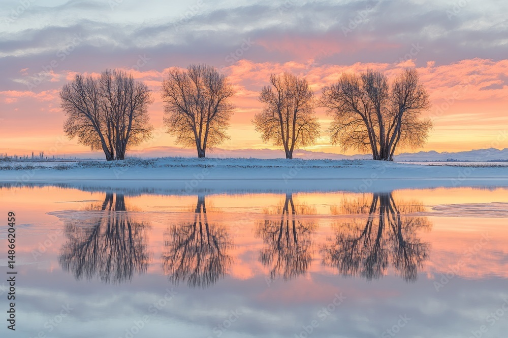 Winter sunrise over frozen lake, trees reflected Winter sunrise over frozen lake, trees reflected