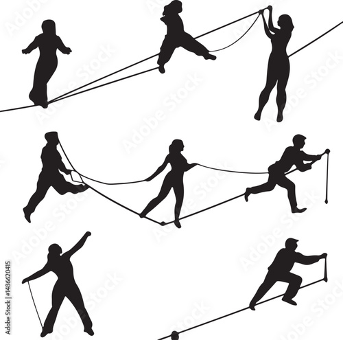 Silhouette People Slacklining: Extreme Sports Action