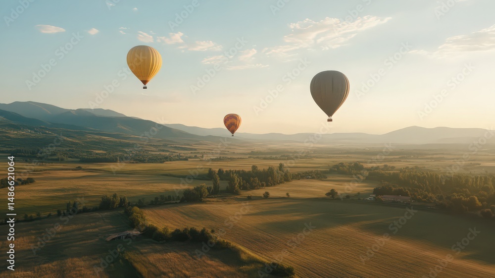 Naklejka premium A Serene Hot Air Balloon Festival with Vibrant Colors Over Rolling Hills at Sunset