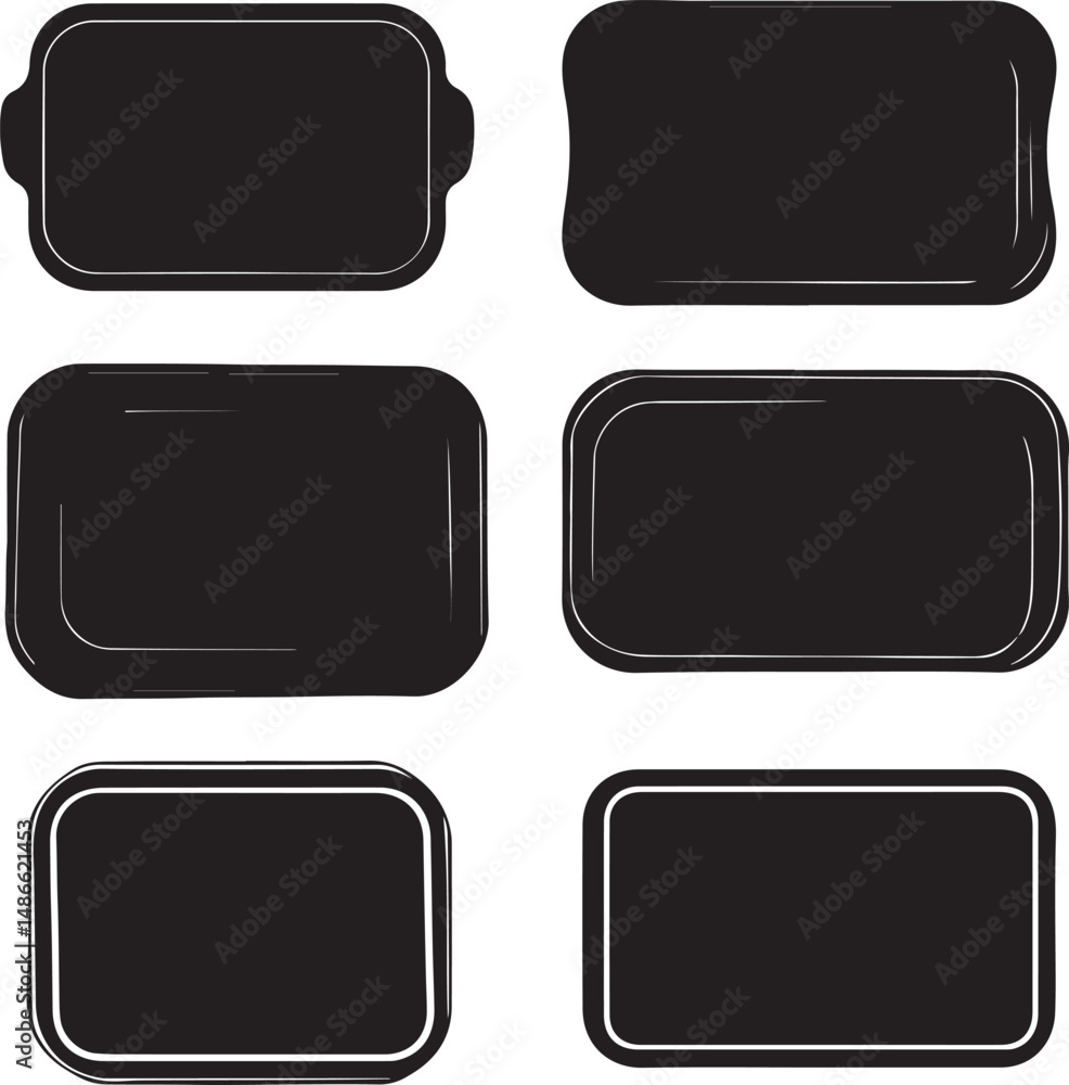 Black Rectangular Tray Illustrations Set, Vector Graphic Design Elements Black Rectangular Tray Illustrations Set, Vector Graphic Design Elements