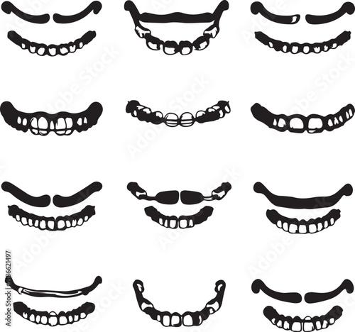 Black and White Denture Silhouettes: Dental Prosthetics and Teeth Designs