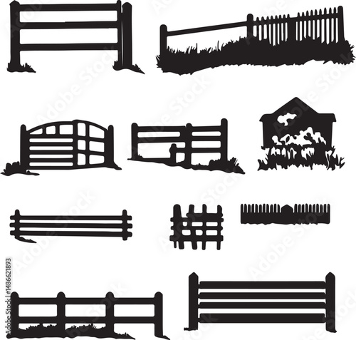 Black Silhouette Fence Set: Various Styles for Garden & Farm Design