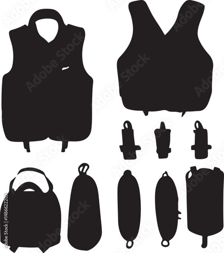 Black Silhouettes of Life Vests and Buoyancy Aids