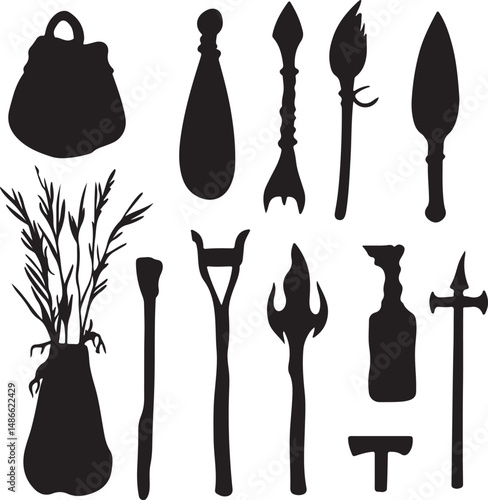 Silhouette Tribal Artifacts: Weapons, Tools, and Vessels