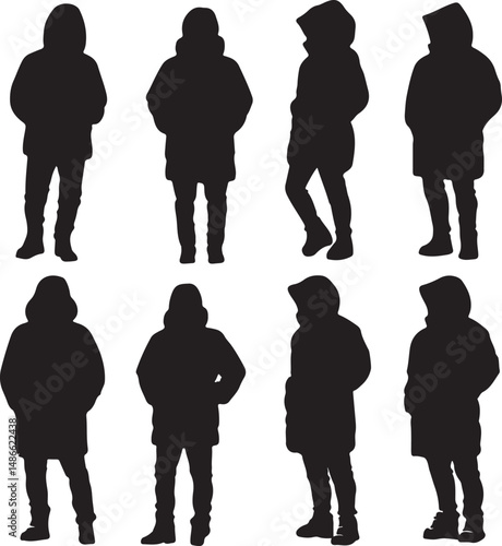 Eight Silhouettes of People in Winter Coats