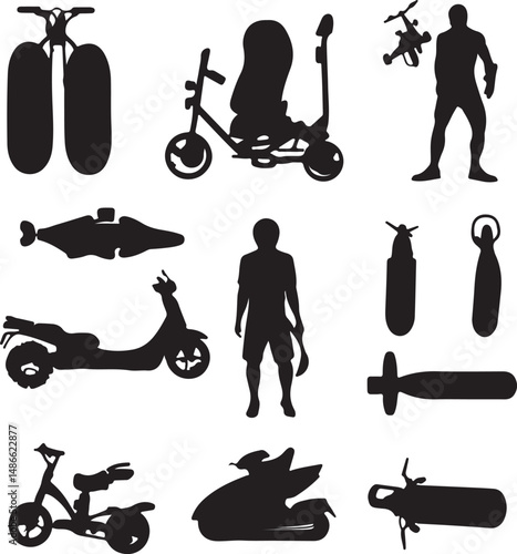 Black Silhouette Icons: Vehicles, Sports, and Recreation