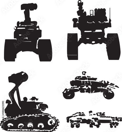 Black Silhouette Robot Vehicles: Military & Space Rovers