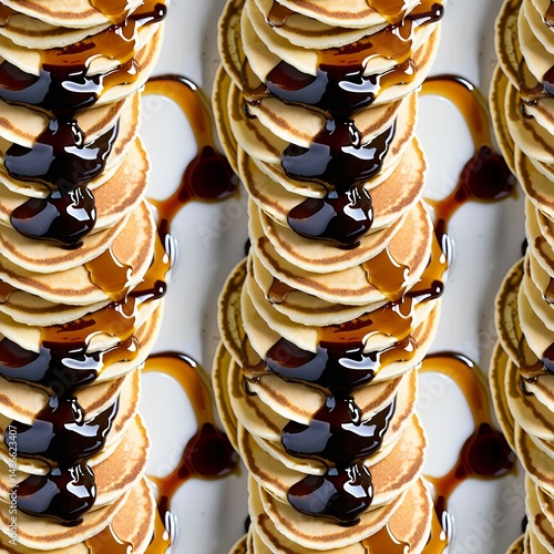 layered pancakes with syrup drizzle