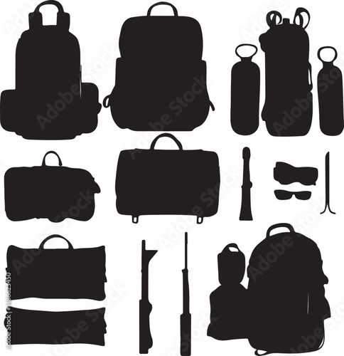 Black Silhouettes of Backpacks, Bags, and Gear