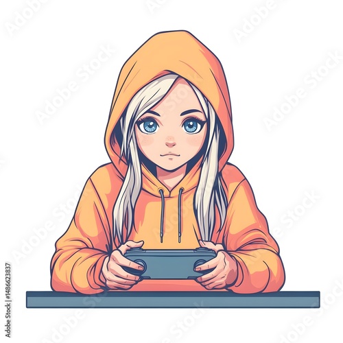 Professional Gaming Anime Girl in Hoodie Holding Gamepad Set for Gamers Collection