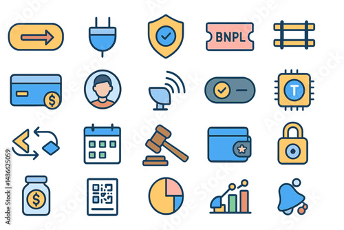 Collection of diverse financial and digital security icons representing various services and functionalities in modern technology