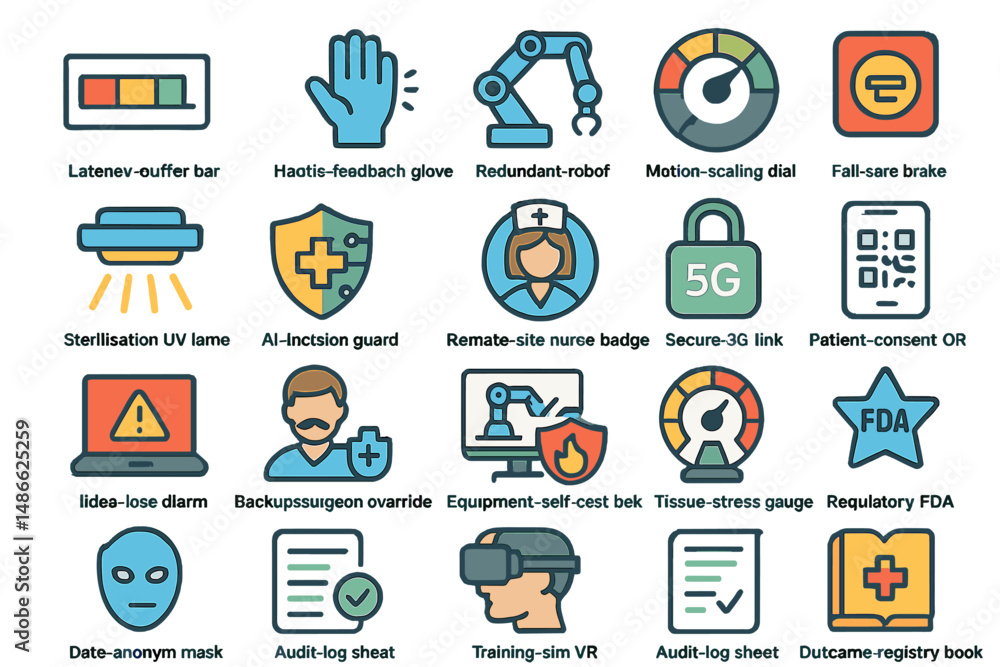 Fototapeta premium Healthcare technology icons representing various medical procedures and safety measures displayed on a digital interface