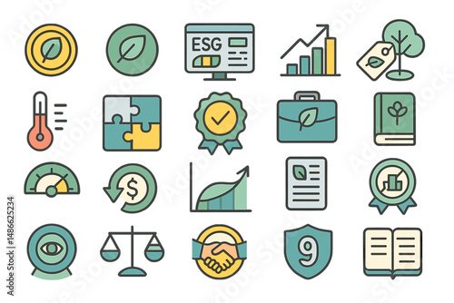 Collection of eco-friendly icons representing sustainability, finance, and environmental governance in a structured layout