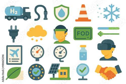 Collection of various vector icons representing technology, safety, and environmental concepts in a modern design