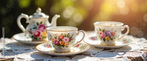 Vintage floral teacups and teapot on lace tablecloth