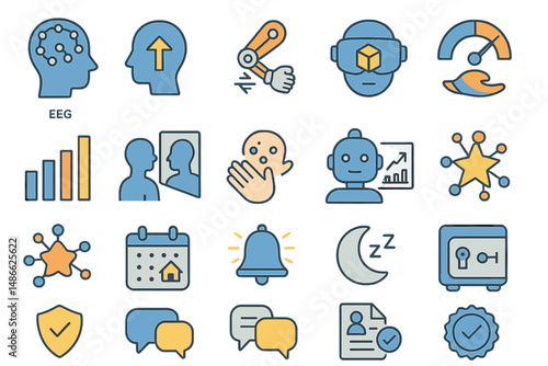 Icon set illustrating various concepts of technology, communication, and data analysis for a modern environment