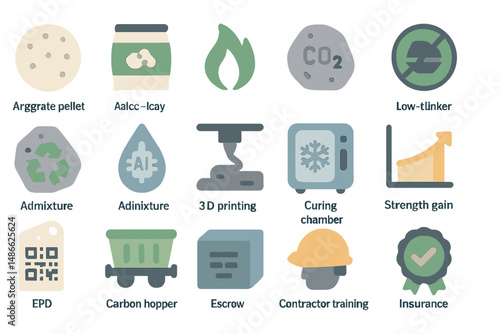 Visual representation of construction and engineering elements in a modern industrial setting focusing on various material types and processes