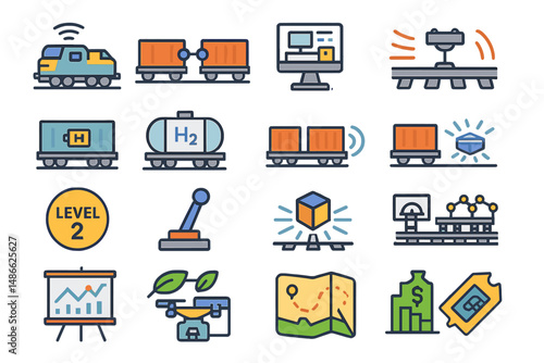 Various illustrations depicting train systems, cargo handling, and logistics planning in urban transport