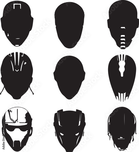 Nine Black Silhouettes of Futuristic Helmets and Heads