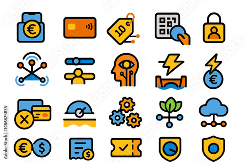 Visual representation of various finance and technology symbols illustrating digital transactions and security features
