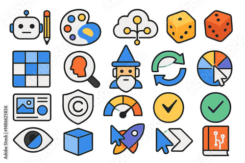 Twenty icons presenting collaborative workflows where designers steer and audit generative AI
