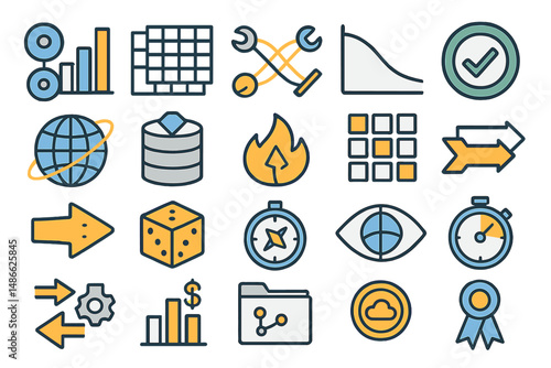 Twenty icons depicting workflows and challenges of quantum-enhanced machine learning