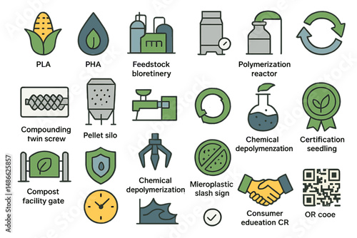 Illustration of bioplastic manufacturing process including various stages and equipment in a sustainable production facility