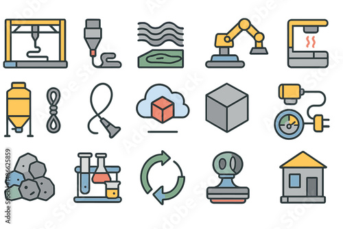Various symbols representing different industrial processes, tools, and equipment in a modern workplace setting